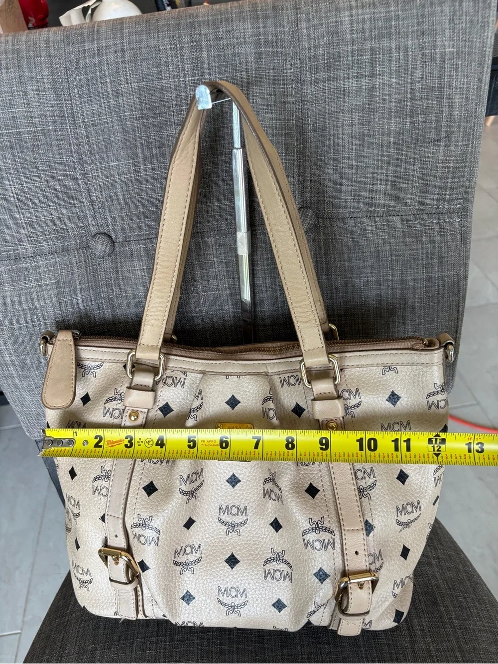 MCM Beige Logo Tote Bag - Classic Printed Leather